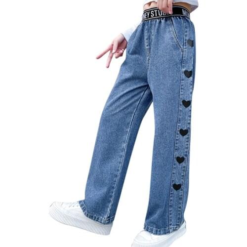 Jeans Girl Heart Pattern Kids Jeans Girls Spring Autumn Kid Jeans Casual Style Childrens Clothes 6 8 10 12 14