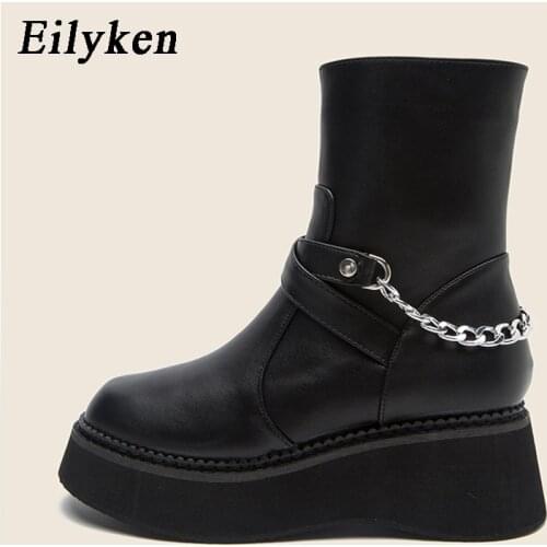Eiyken Black Women Half Short Boots Shoes Thick Bottom Metal Chain Women Winter Fashion Cool Platform Wedge Boots Size 35-42