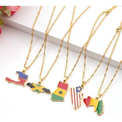 Enamel 26 Countries Map & Flag Pendant Necklace For Women Men BFF Jewelry Maps of Algeria Ethnic Gift Accessories Gold Chain