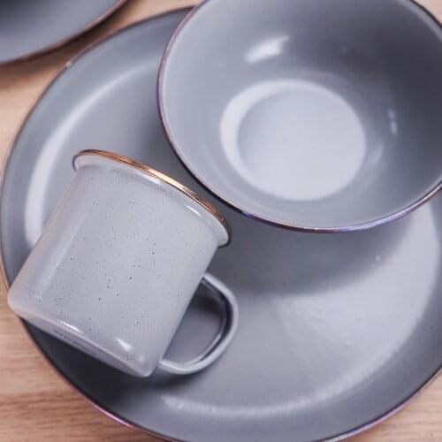 Porcelain enamel thickened plate marble grain baking dish retro small fresh blue edge cooking bowl with scale water cup mug set