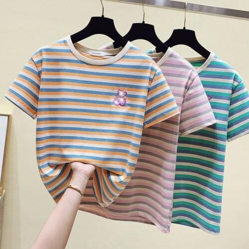 T Shirt Women 2021 Summer Tees Top Diamond Shirts Casual Short sleeve Tshirt Pink Striped T-Shirt Tops Tee Shirt Femme Vintage