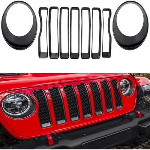 ABS Gloss Black Front Mesh Grille+Headlight Trim Cover For Jeep Wrangler JL 2018 2019 Accessories