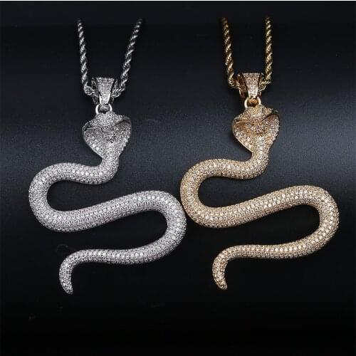 Hip Hop Animal Snake Pendant Necklace Gold Silver Color Micro Pave AAA Cubic Zircon Copper Necklace Iced Out Chain Men