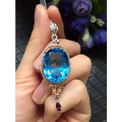 Fine Jewelry Collection Real 18K White Gold 100% Natural Blue Topaz Gemstone Pendant Necklace For Women Fine Pendants