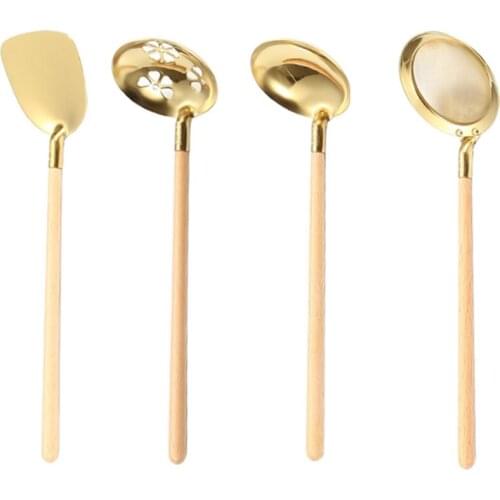 Kitchen Spatula Small Teppanyaki Spatula with Wooden Handle Soup Spoon Colander Stainless Steel Kitchen Cooking Utensils