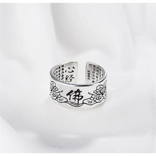 Personality Domineering Westward Journey Six Words Mantra Buddhist 925 Sterling Silver Jewelry Lotus Opening Rings SR434