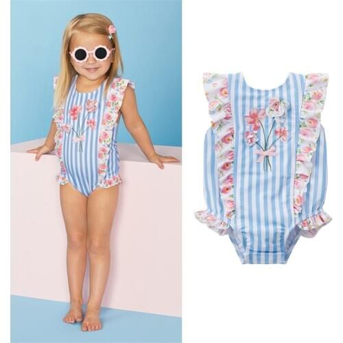 Cute 1-7Years Kid Baby Girl One-Piece Swimsuit Bath Outfits Ruffles Floral Swimwear Clothes Bikini Top
