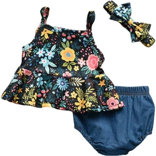 2021 Fashion Baby Girl’s Summer Three Piece Set Fashion Flower Suspender Tops and Solid Color Short Pants with Headband