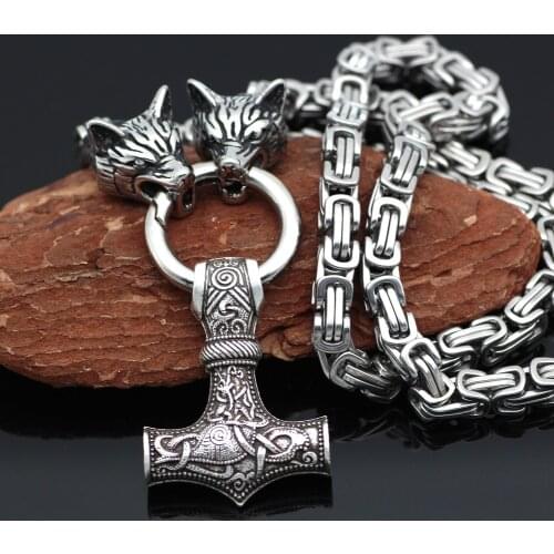 Mens Stainless Steel Necklace Viking Wolf Head Thors Hammer Pendant Nordic Celtic Jewelry