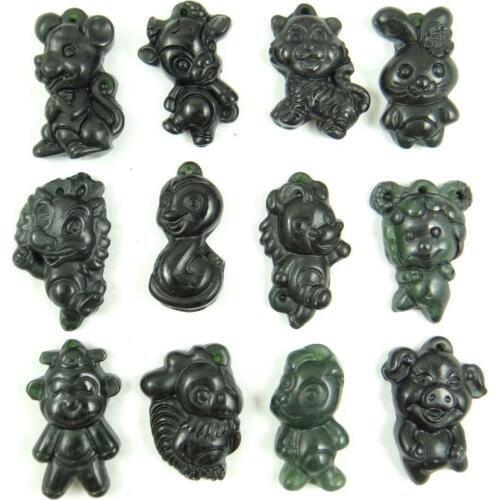 Natural Black Green Jade Chinese Zodiac Pendant Necklace Fashion Charm Jewellery Accessories Hand-Carved Lucky Amulet Gifts