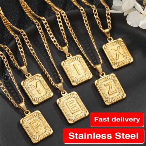 Lnitial Letter Necklace Square Jewelry For Womens Mens Capital Alphabet Letter A Z 18K Gilded Plated Stainless Steel Pendant