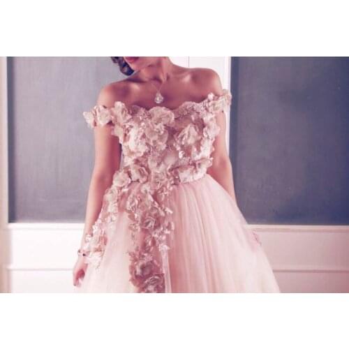 Юбка 2020 Off the Shoulder Appliqued Lace Flowers Tea Length Short Prom pink long boat neck evening gown Bespoke Wedding Dresses