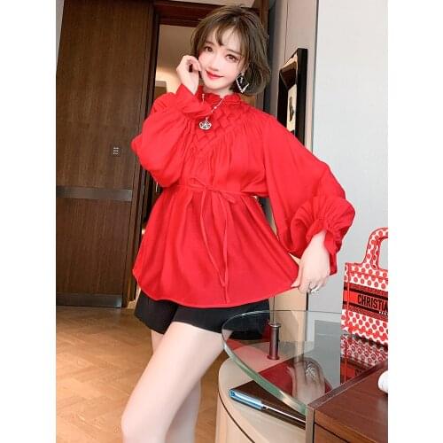 Rhombic weave Auricularia lace collar waist tie flared sleeve top womens wear 2021 Spring new High Quality Top Quality