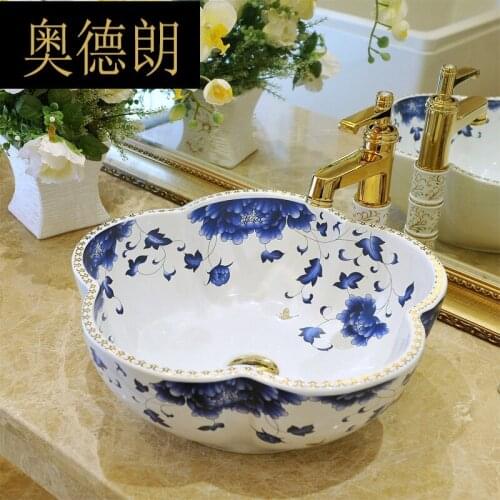 Petal shape Jingdezhen art basin washbasin hand basin upper basin-purple peony JXL