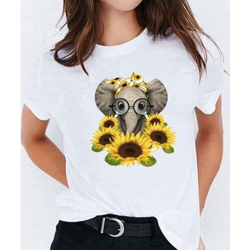 T-shirts Top for Women Cartoon Elephant Sunflower 90s Printing Print Lady Womens Stylish T Shirt Ladies Sweet Tee T-Shirt