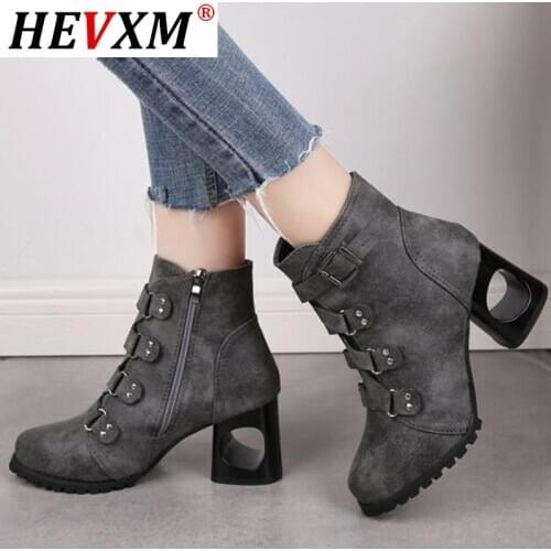 2021 Autumn Winter Fashion Women Boots Fretwork High Heel Shoes Woman Rivet Short Ankle Boots Plus Sizes 34-43