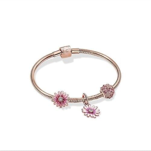 2020 New 925 Sterling Silver Rose Gold Brilliant Daisy Beaded Bracelet Set For Women Wedding Party Gift Fashion Jewelry