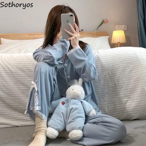 Women Pajama Sets Lace Patchwork Long Sleeve Tops Full Length Pants Blue Temperament Cozy Loose Lounge Bow Trendy Home-wear Chic