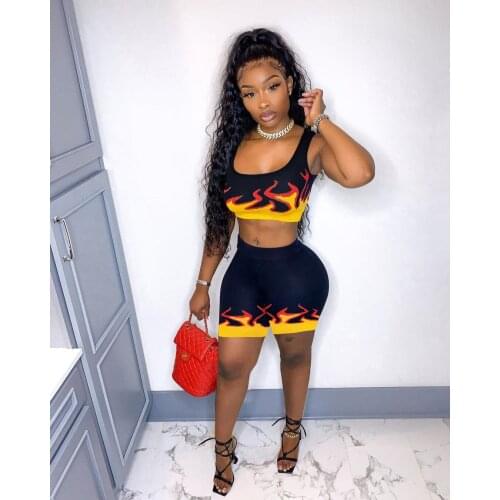 Casual 2 Piece Set Skinny Women Fire Flame Print Tank Crop Top Shorts Club Outfit Two Piece matching sets