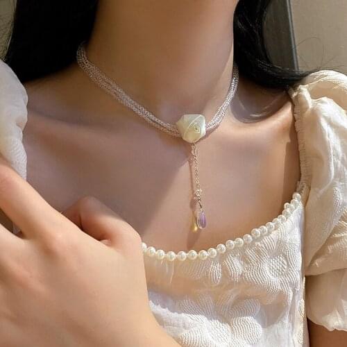 Korean Style White Crystal Beads Choker Necklaces for Women Elegant Fabric Flower Tassel Pendant Necklaces Wedding Jewelry