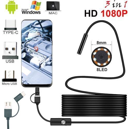 1080P USB Endoscope Camera 2M 5M 10M Flexible Hard Cable Snake Inspection Borescope Camera Android PC Notebook 8LEDs Adjustable