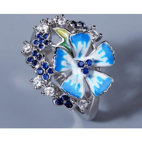 925 Silver Exquisite Blue Flower Ring Ethnic Style Handmade Enamel Ladies Jewelry Attending Party Ring Wedding Rings