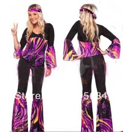 Free Shipping Ladies 60s 70s Retro Hippie Go Go Girl Disco Costume Hens Party Fancy Dress S M L XL 2XL