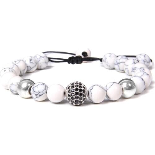 Men Bracelet Natural White Turquoises Beads Bracelet Fashion Braided Adjuatable CZ Ball Howlite Beads Charm Bracelet Women Male