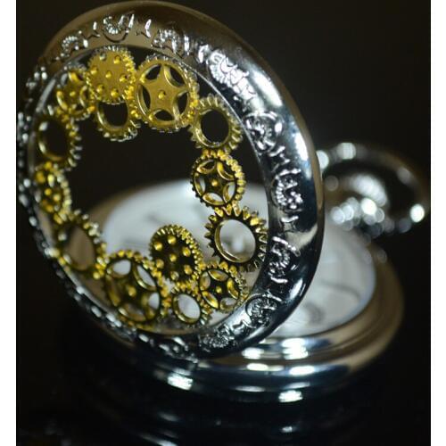 TIEDAN Gold Silver Steampunk Skeleton Mechanical Pocket Watch Men Antique Luxury Brand Necklace Pocket Fob Watch Chain Male