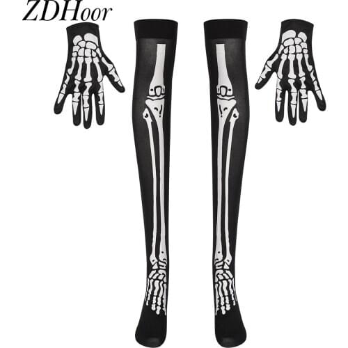 Clubwear Cosplay Scary Costume Women Girls Dress Up Skeleton Glove and Skull Claw Ghost Bone Sock Horrible Role Play Clothes Set