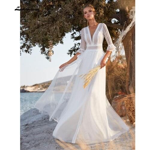 Lace V Neck Backless Bohemian style Three Quarter Wedding Dresses Flare Sleeve Boho Beach Bridal Gown A Line sukienka na wesele