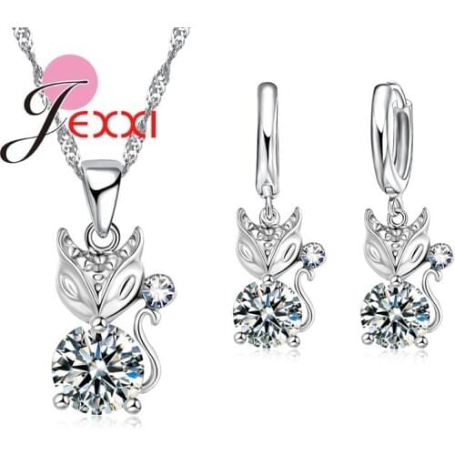 Cute Smart Fox Cartoon Pendant Necklace And Earrings Set Women Stylish Sweater Jewelry Fashion Silver Chain Promotion