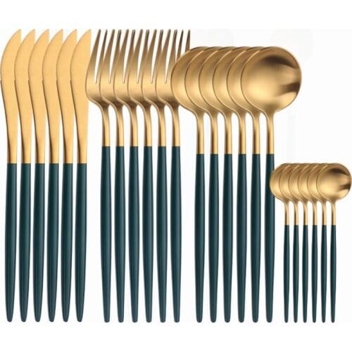 24Pcs Tableware Sets 18/10 Stainless Steel Cutlery Set Matte Dinner Set Green and Gold Dinnerware Flatware Luxury Eco Friendly