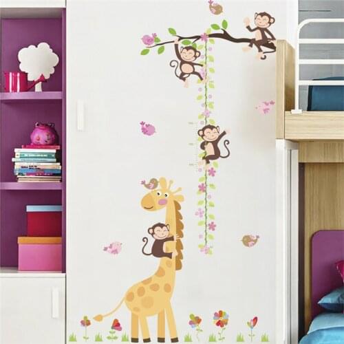 Cute Monkey Giraffe Animals Growth Chart Wall Stickers Decal For Kids Room Kindergarten Home Decoration Diy Tree Vine Mural Art