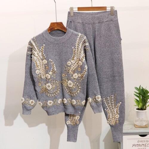 2020 Spring New Two Piece Set Women Beaded Sequins Embroidery Knitted Pullover Sweater Casual Pants Fashion Set Ladies Tops H565