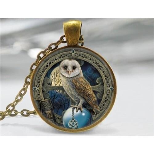 New Fashion Wicca Owl Glass Cabochon Necklace Retro Pendants Handmade Jewelry Wiccan Witchcraft Amulet