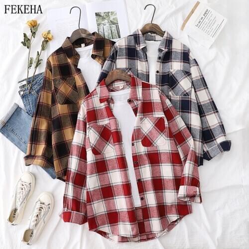 Autumn Plaid Shirts Women Blouses And Tops Long Sleeve Loose Checked Female Clothes Outwear Two Pocket