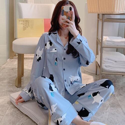 H5692 Autumn Spring Women Pajamas Long Sleeve Korean Cartoon Cute Sleepwear Home Clothing Set Female Lapel Casual Nightwear