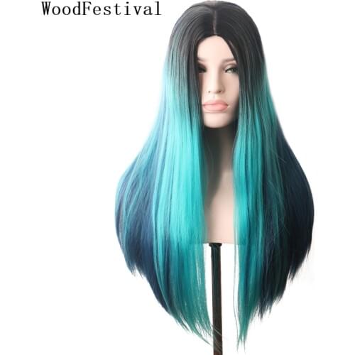 WoodFestival Synthetic Hair Long Straight Wig Female Cosplay Colored Wigs For Women Ombre Pink Brown Blue Green White Two Color