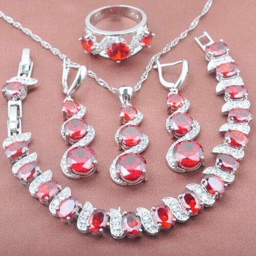 Christmas Gifts Elegant Red Zirconia Womens Jewelry Sets Bracelet Silver Color Necklace Pendant Earrings Ring YZ0140