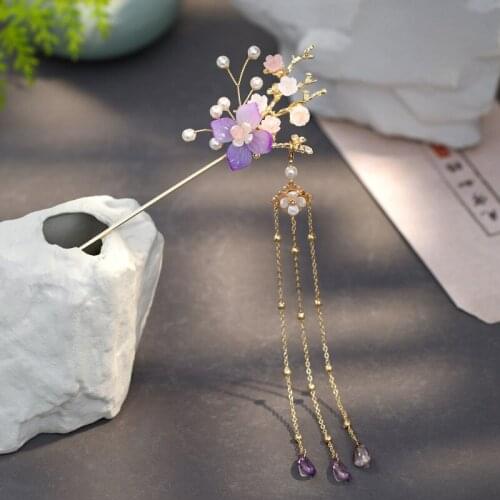 Handmade Vintage Style Imitation Jade Flower Pearl Tassel Han Chinese Clothing Hair Sticks Elegant Hair Ornaments MA