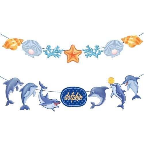 Happy Birthday Cartoon Dolphin Party Banners DIY Blue Sea Dolphin Hanging Bunting Baby Shower Boys Birthday Party Decoration