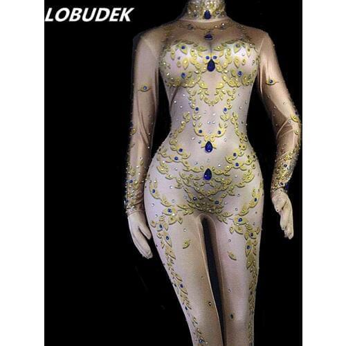 Sexy Female Nightclub Pole Dance Clothing Bar Party DJ Singer Costume Sparkly Crystals Stretch Skinny Bodysuit Leggings Jumpsuit