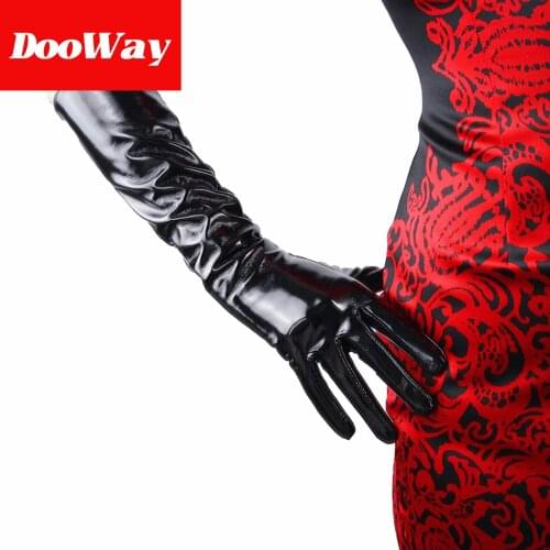 DooWay Sexy Women Shine Black Fashion Gloves Long 16-inch Faux Patent Leather Wet Look Cosplay Costume Wedding Party Lady Gloves