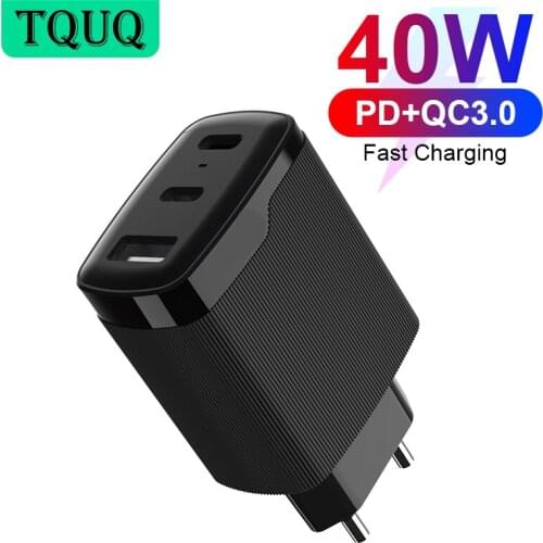 TQUQ 40W 3Port PD 3.0 Fast Wall Charger with Dual 20W USB C and 1port QC3.0 for iPhone 12 Pro/Max/Mini, iPad Pro, Galaxy S21/S20