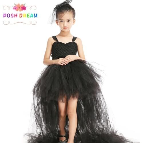 POSH DREAM Girls Black Tutu Dress with Long Train Tulle Baby Flower Girl Wedding Dress Kids Baby Halloween Evening Party Dresses