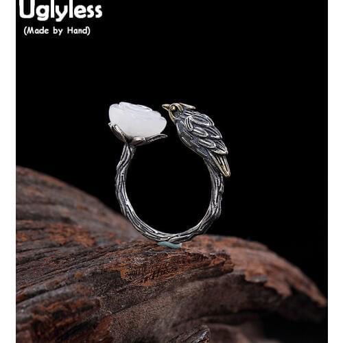 Uglyless 100% Real Solid 925 Sterling Silver Handmade Bird Open Rings for Women Natural Lotus Jade Finger Ring Thai Silver Jewel