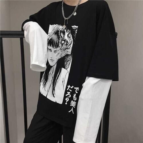 Black Printed Street Style Japanese Funny Printed White Party Pullover Spring Women Punk Party Cool Hip Hop Tee Men Cool Tops