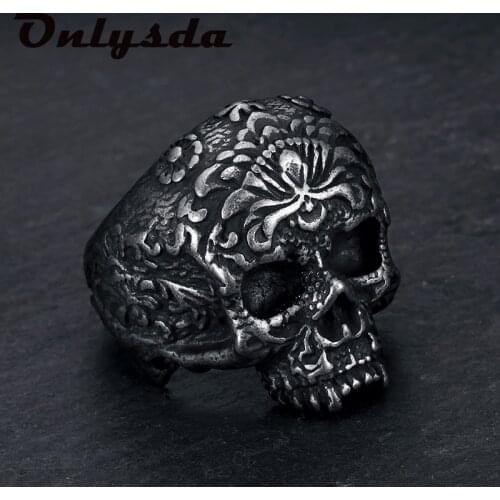 Unique Black Mens Flower Skull Ring 316L Stainless Steel Heavy Rings for Men Male Bijoux Punk Biker Fashion Party Jewelry OSR819