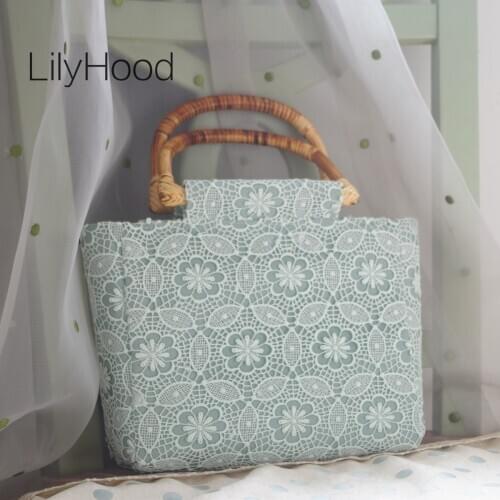 Lady Washed Lace Sweet Lace Cover Rural Style Handbag Female Shabby Chic Sweet Bride Cotton Wooden Handle Green Messenger Bag
